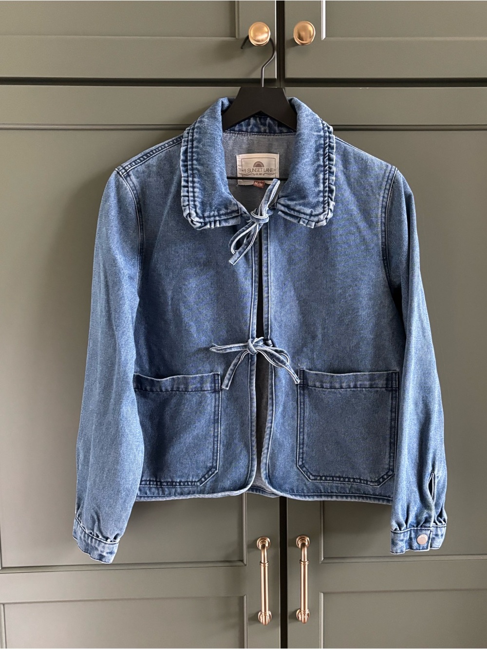 Feminine Jean Coat, Sunset Lane, Double Tie,Ruffle Collar, Cute Jacket, M